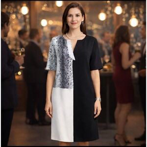 Luxology Women Colorblock Shift Dress M Snakeskin Print Black Ivory Office Event